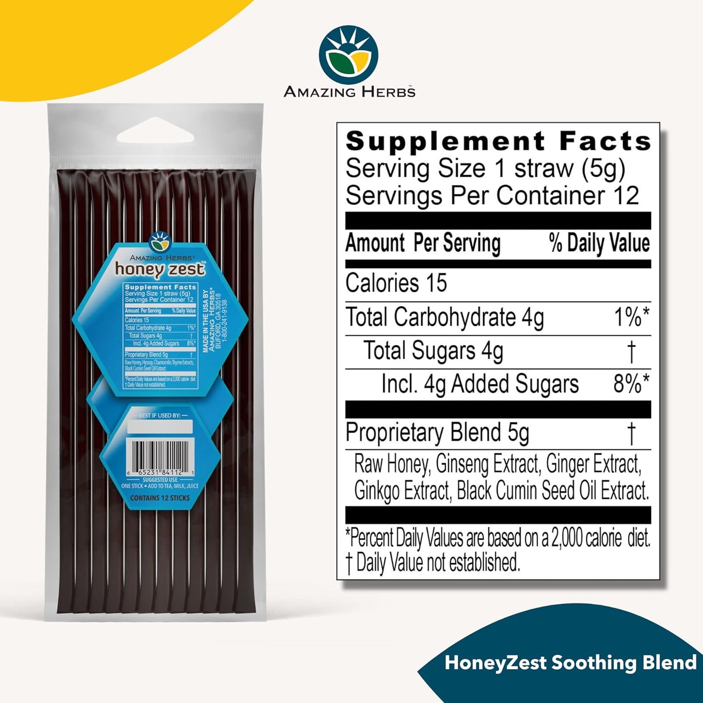 Herbal Honey Infused with Hyssop, Chamomile, Thyme Extracts & Black Seed Oil - Immune Boosting Honey Straws - 12 Count