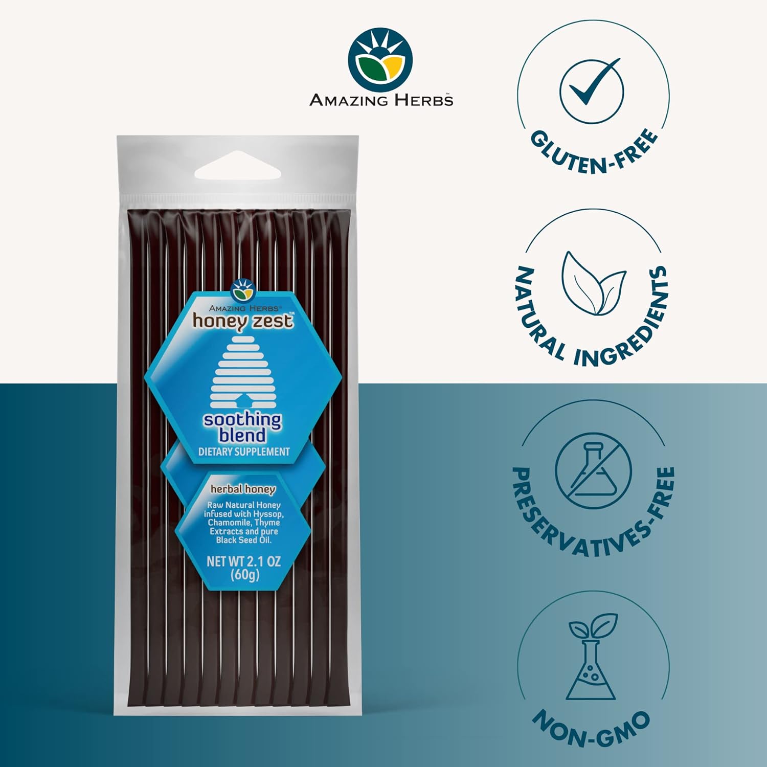 Herbal Honey Infused with Hyssop, Chamomile, Thyme Extracts & Black Seed Oil - Immune Boosting Honey Straws - 12 Count