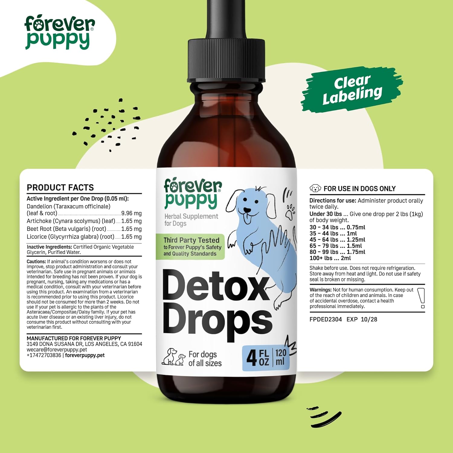 Herbal Liver and Kidney Support Drops for Dogs - Detox & Antioxidant Supplement - Dandelion Leaf & Root Extract - All Breeds & Sizes - 4 oz