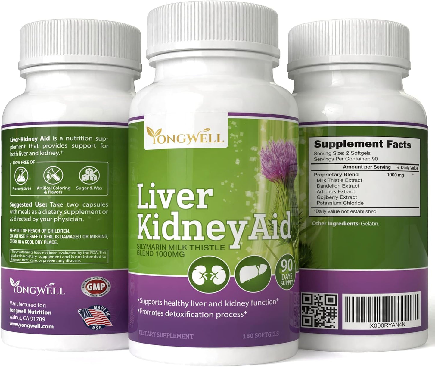 Herbal Liver Kidney Support Supplement - 90 Day Supply (180 Softgels) - Promotes Liver and Kidney Health with Green Nutrition