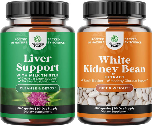 Herbal Liver Support Bundle with Milk Thistle and White Kidney Bean Energy Booster - Natural Liver Supplement with Silymarin - Energy Pills and White Bean Extract