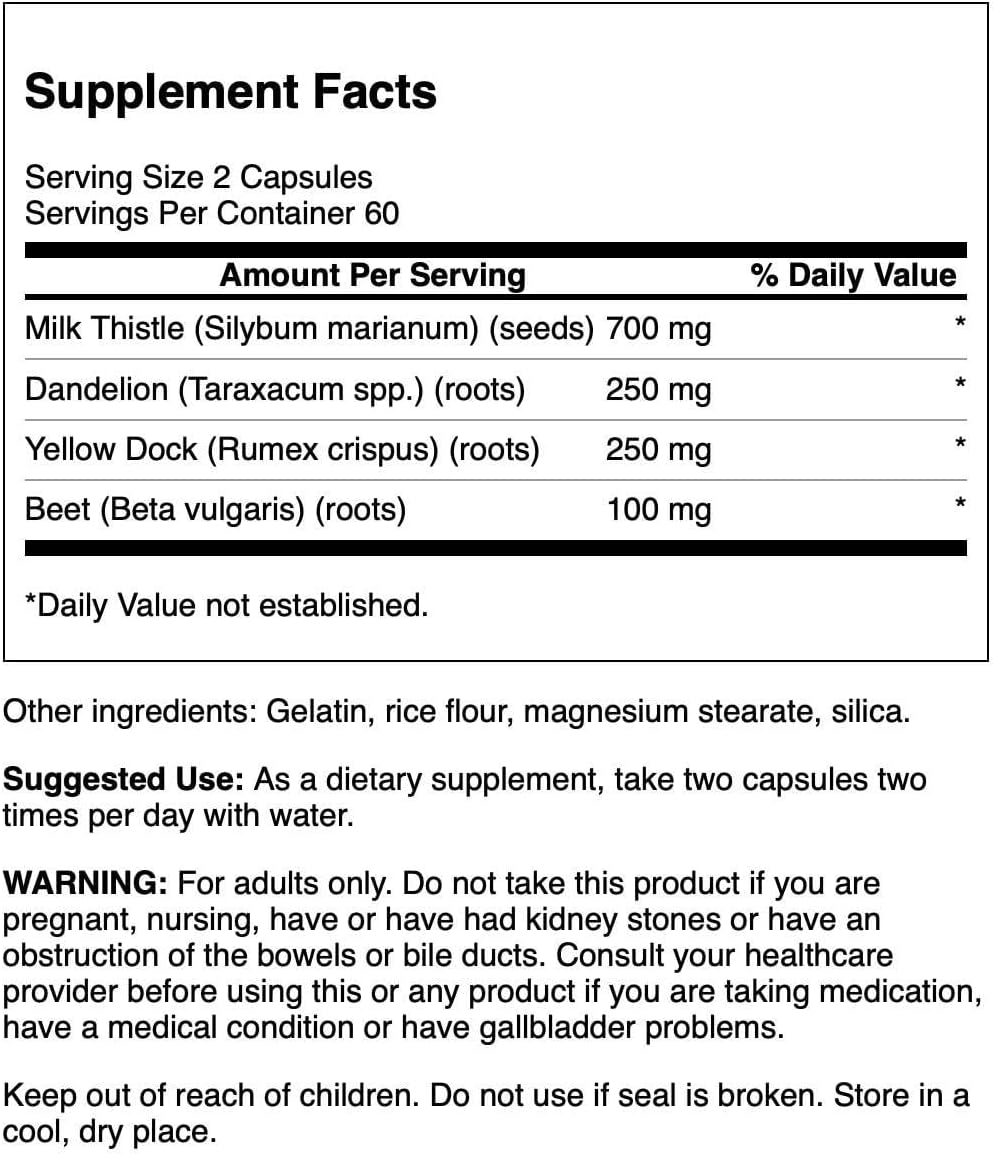 Herbal Liver Support Supplement with Milk Thistle, Dandelion & Yellow Dock - Promotes Overall Health - 120 Capsules