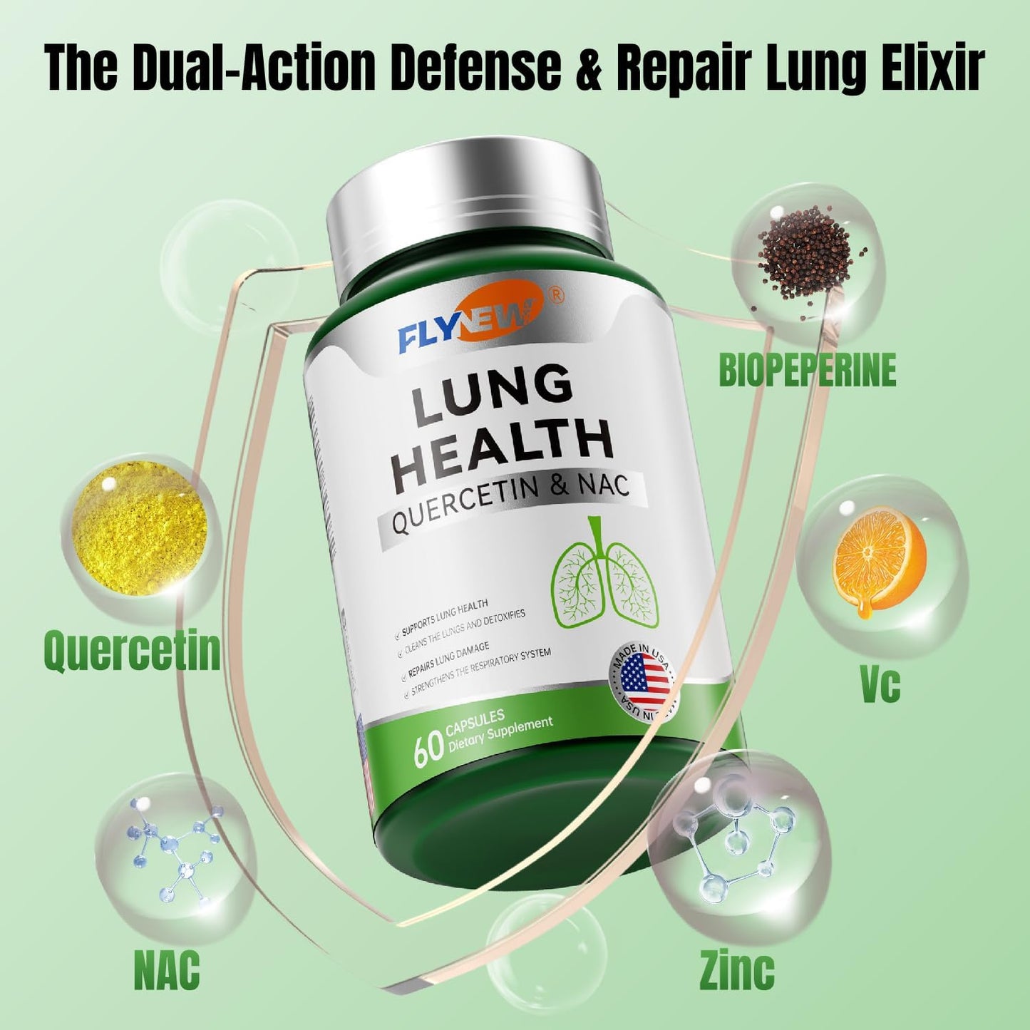 Herbal Lung Health Support with Quercetin, NAC, Vitamin C, Zinc - 60 Capsules, Made in USA