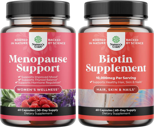 Herbal Menopause Supplement & Biotin Pills Bundle for Women & Men - Promotes Estrogen Balance and Hair Health - Natural Thinning Hair Solution