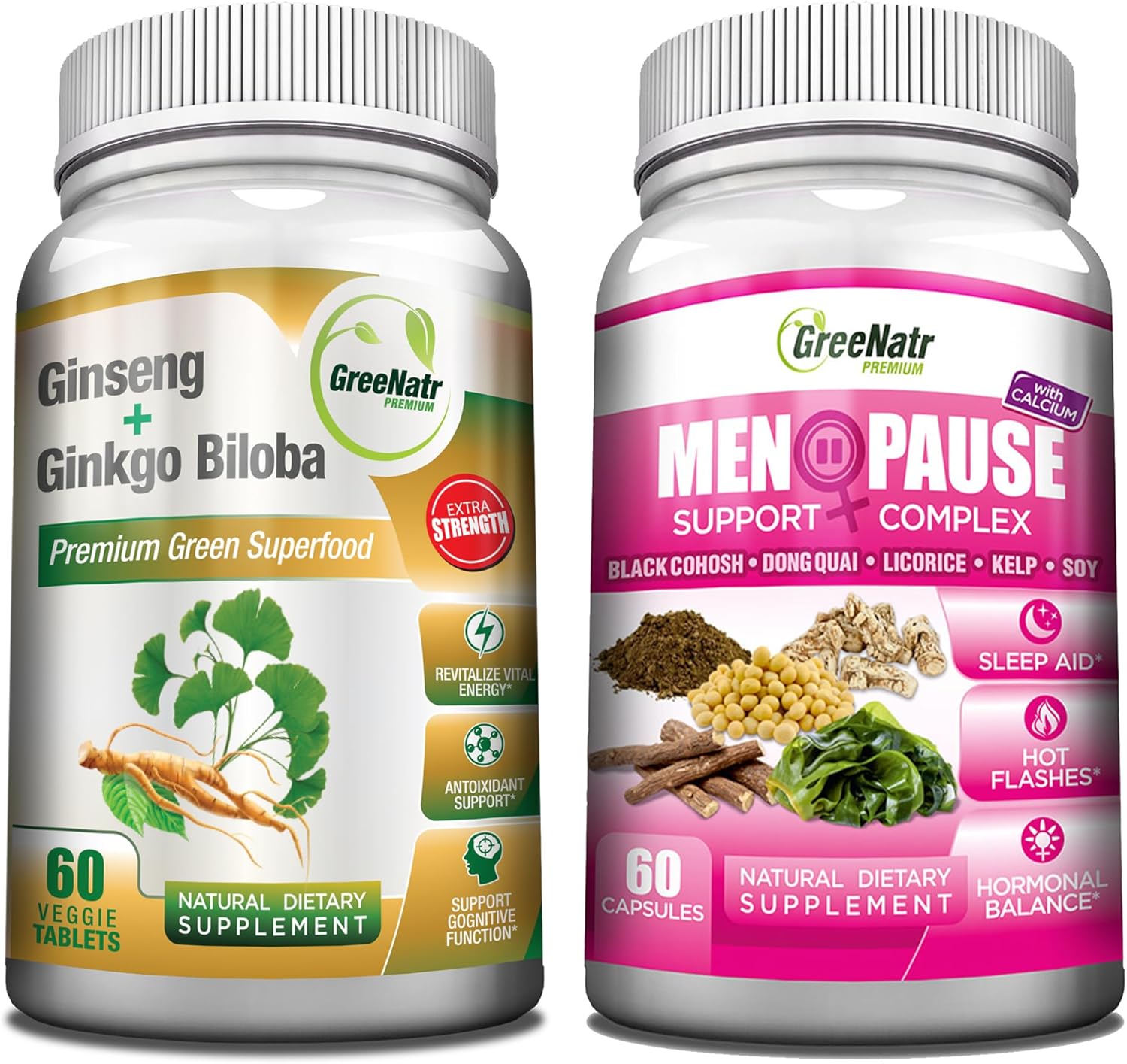 Herbal Menopause Support and Energy & Brain Focus Booster with Ginseng & Ginkgo Biloba by GreeNatr