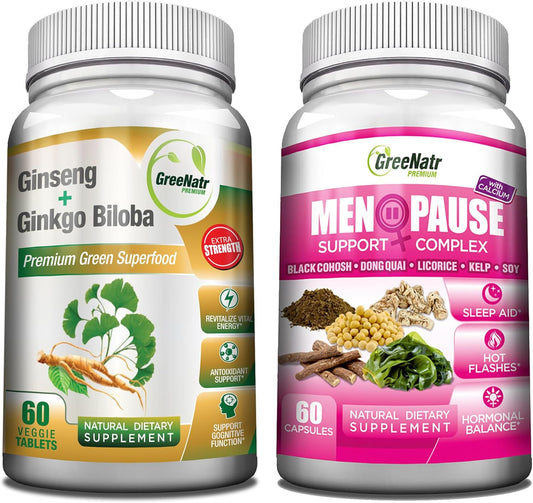Herbal Menopause Support and Energy & Brain Focus Booster with Ginseng & Ginkgo Biloba by GreeNatr