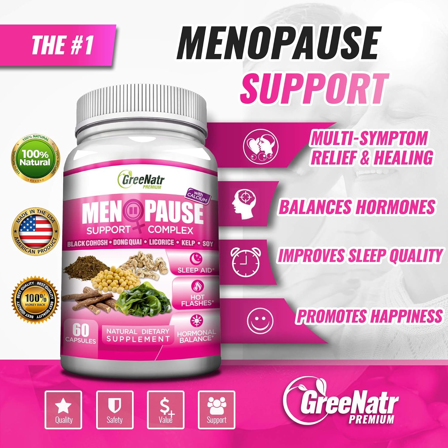 Herbal Menopause Support and Energy & Brain Focus Booster with Ginseng & Ginkgo Biloba by GreeNatr