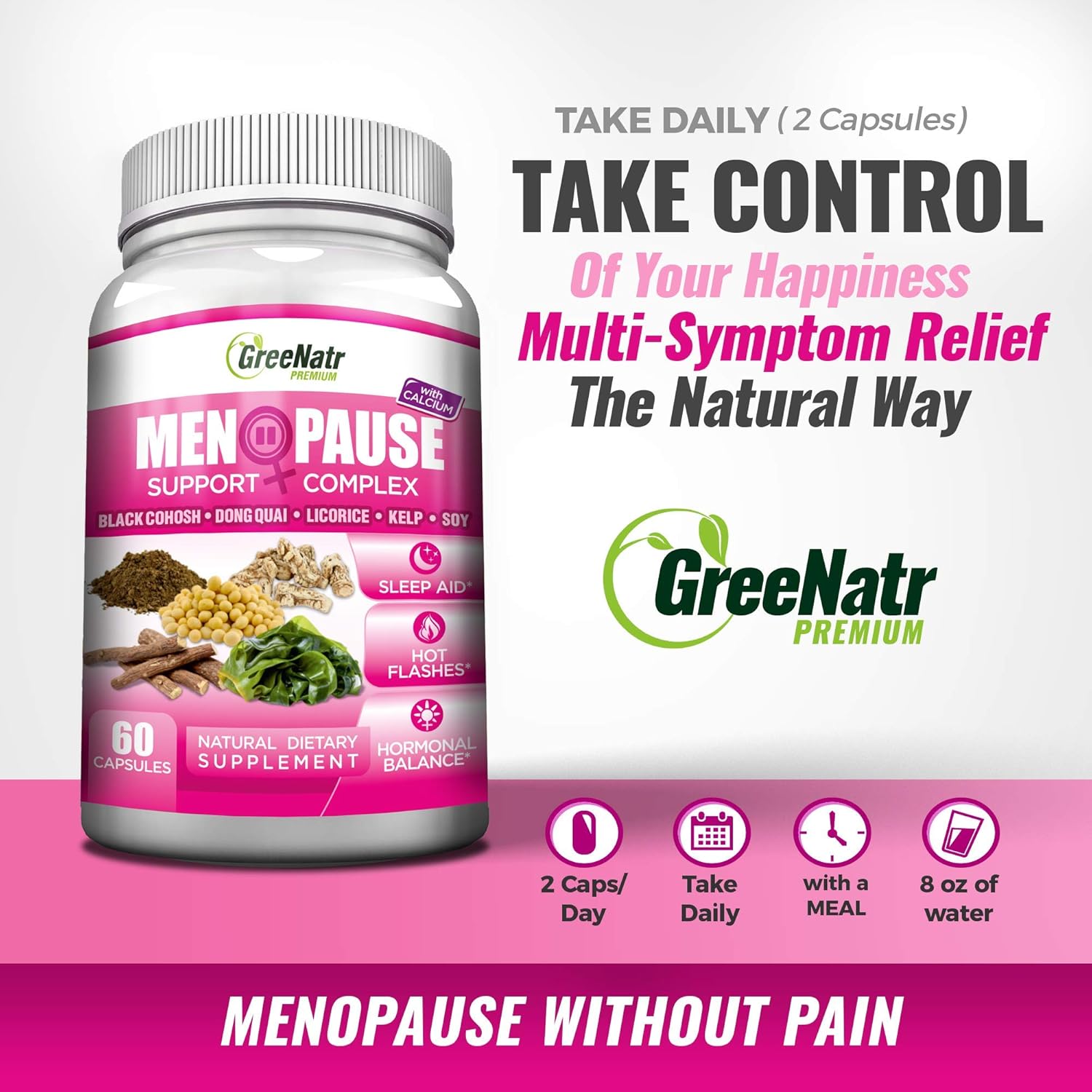 Herbal Menopause Support and Energy & Brain Focus Booster with Ginseng & Ginkgo Biloba by GreeNatr