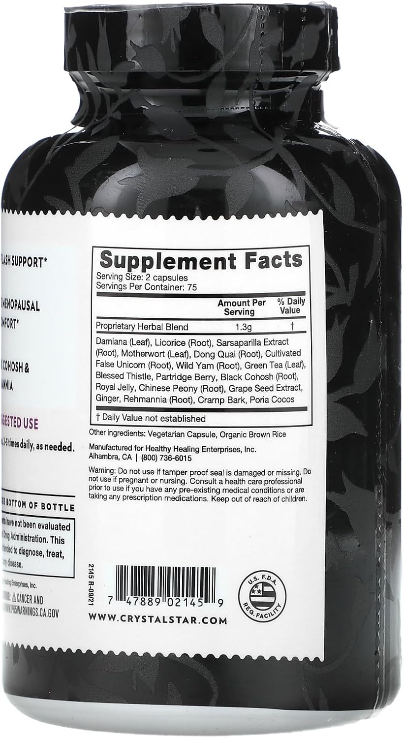 Herbal Menopause Support Supplement with Black Cohosh, Rehmannia, Damiana & Licorice - 150 Capsules, Vegetarian & Non-GMO