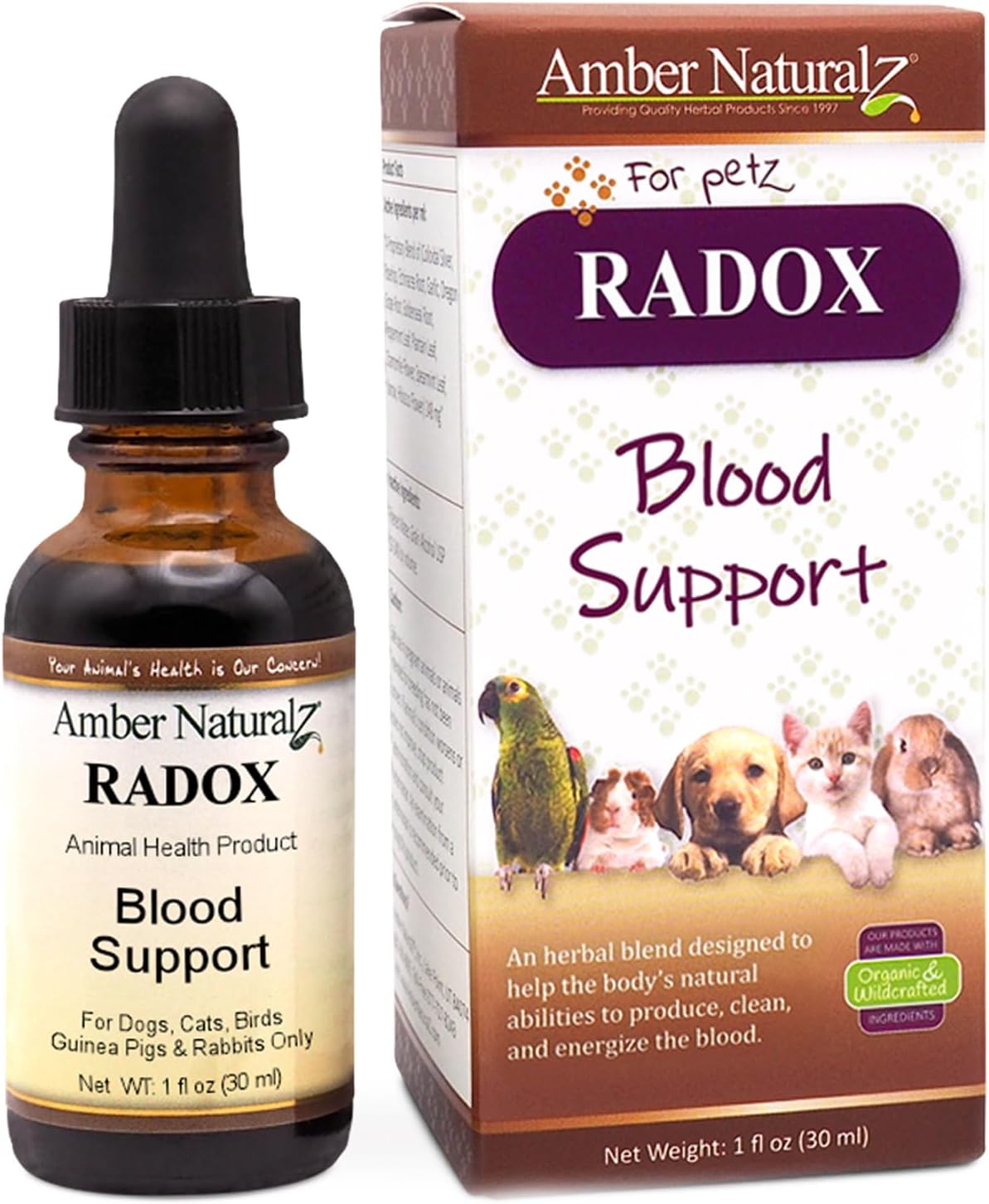 Herbal Pet Supplement for Circulation and Iron - AMBER NATURALZ Radox Blood Support Blend for Dogs, Cats, Birds, Guinea Pigs, and Rabbits - 1oz Bottle - USA Made