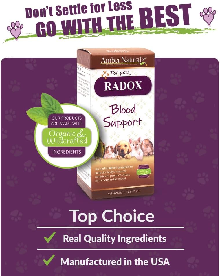 Herbal Pet Supplement for Circulation and Iron - AMBER NATURALZ Radox Blood Support Blend for Dogs, Cats, Birds, Guinea Pigs, and Rabbits - 1oz Bottle - USA Made