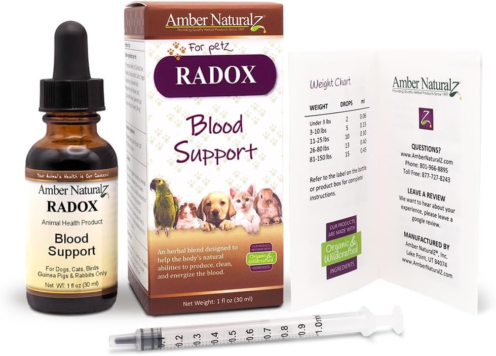 Herbal Pet Supplement for Circulation and Iron - AMBER NATURALZ Radox Blood Support Blend for Dogs, Cats, Birds, Guinea Pigs, and Rabbits - 1oz Bottle - USA Made