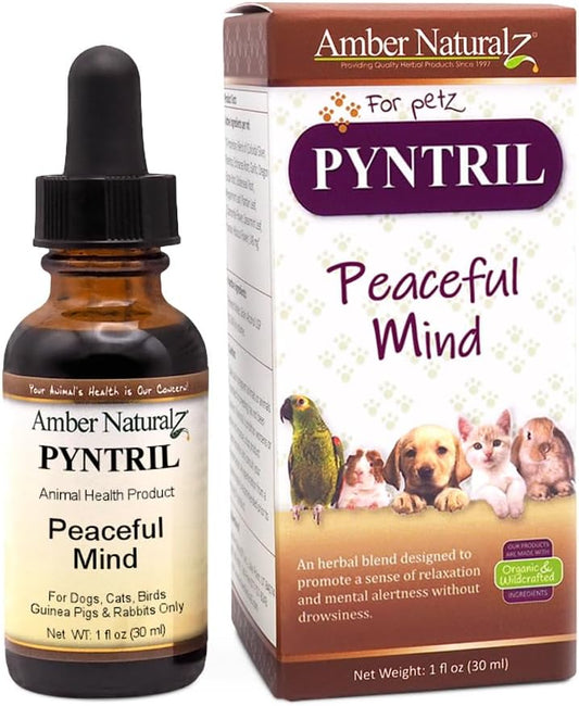 Herbal Pet Supplement for Relaxation - AMBER NATURALZ Pyntril Peaceful Mind | 1 oz Glass Bottle | Made in USA