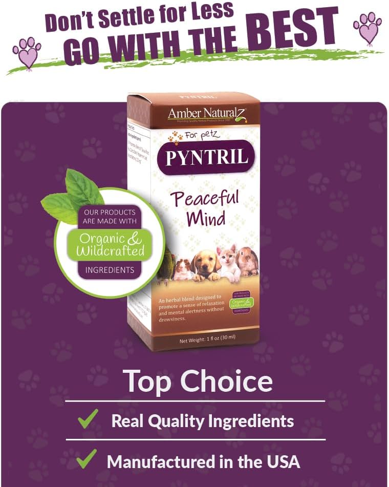 Herbal Pet Supplement for Relaxation - AMBER NATURALZ Pyntril Peaceful Mind | 1 oz Glass Bottle | Made in USA