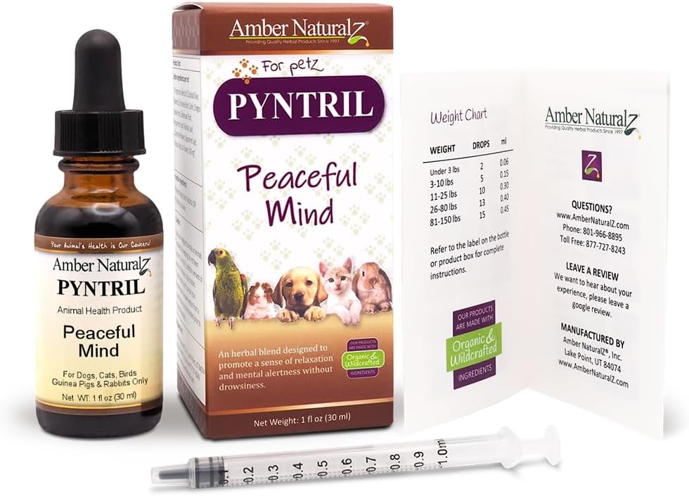 Herbal Pet Supplement for Relaxation - AMBER NATURALZ Pyntril Peaceful Mind | 1 oz Glass Bottle | Made in USA