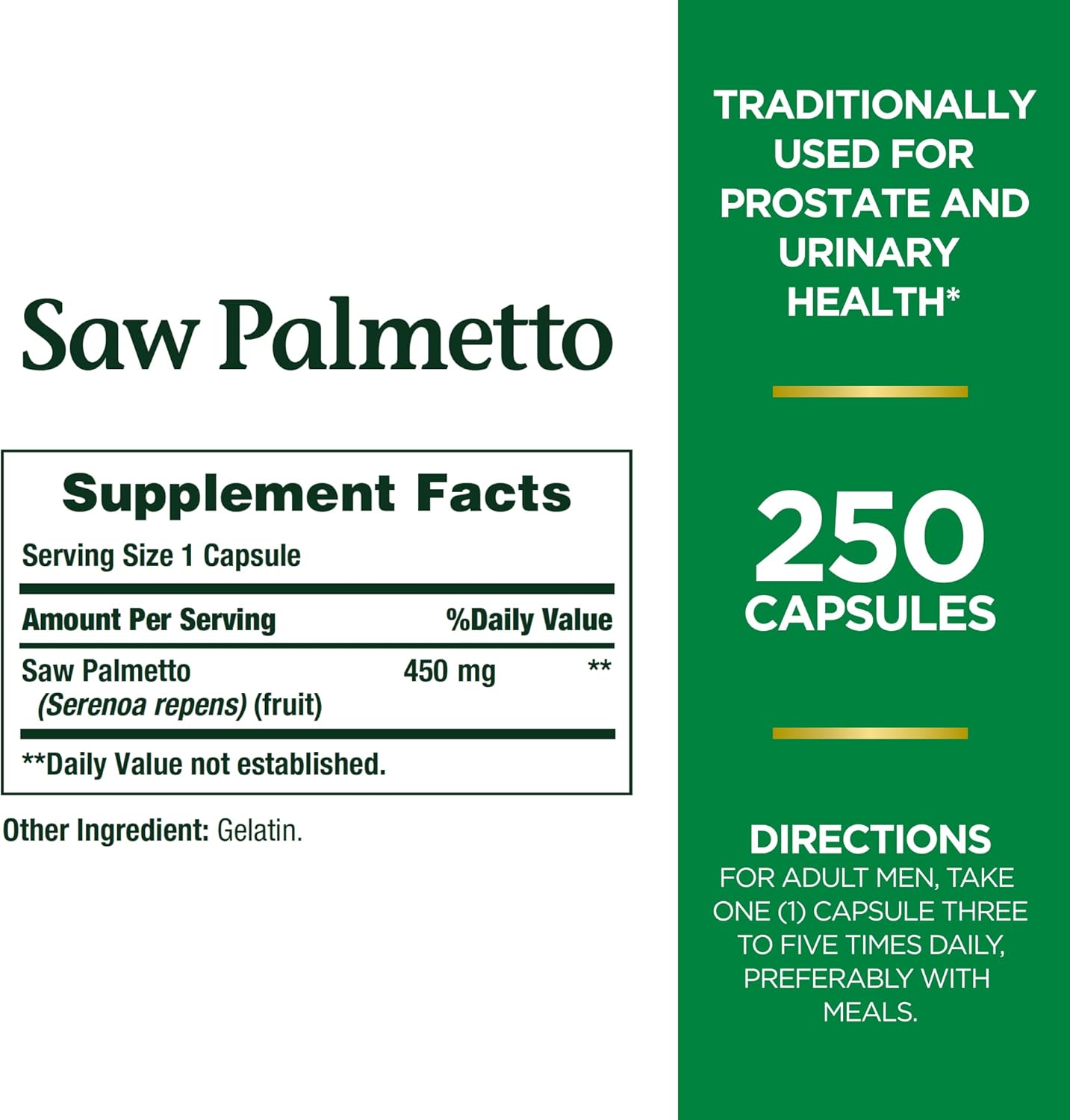 Herbal Saw Palmetto Supplement for Prostate and Urinary Health - 450mg, 250 Capsules