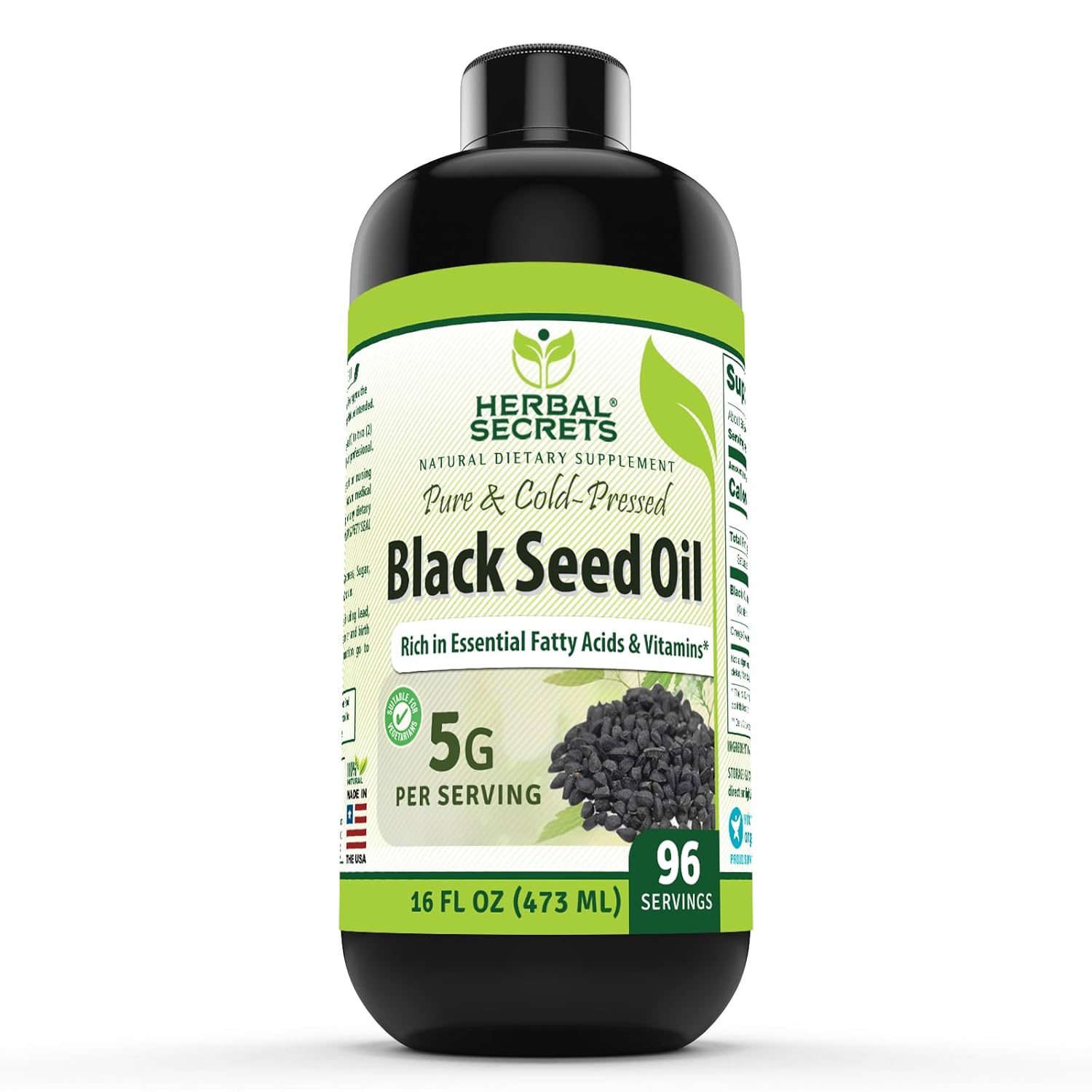Herbal Secrets Black Seed Oil Supplement - 16 Oz Bottle - 5 G Per Serving - Non-GMO & Gluten-Free - Made in USA