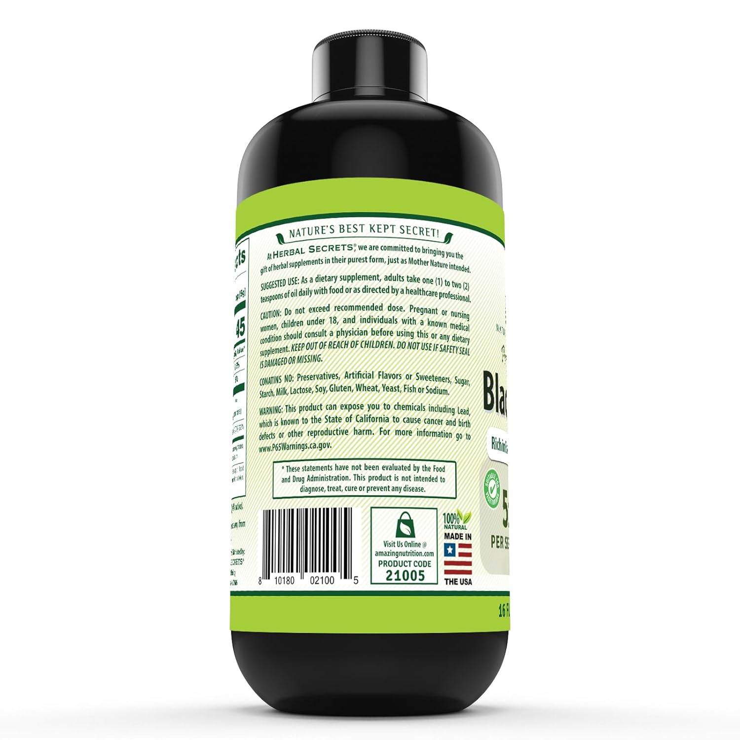 Herbal Secrets Black Seed Oil Supplement - 16 Oz Bottle - 5 G Per Serving - Non-GMO & Gluten-Free - Made in USA