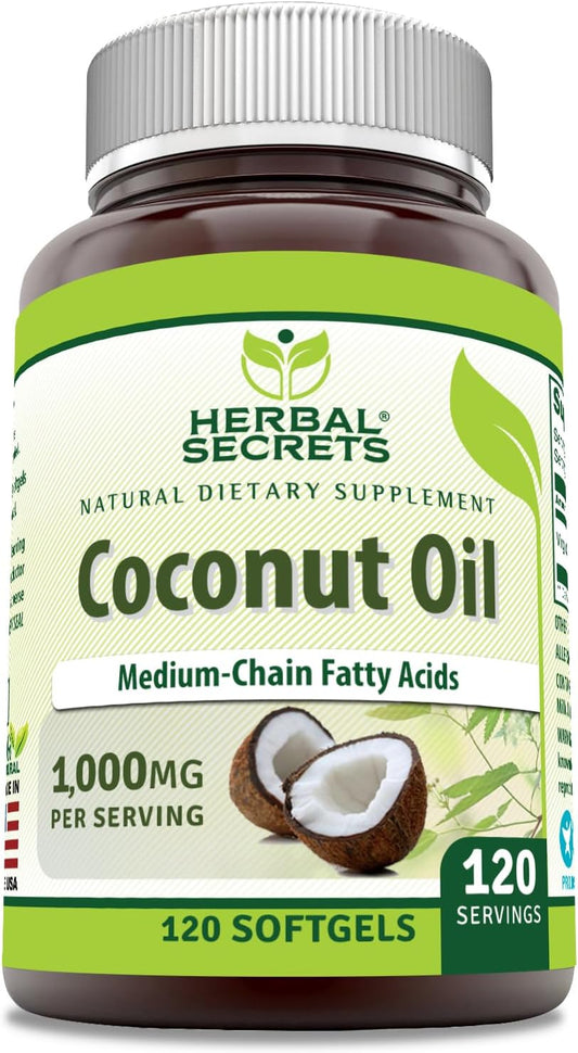 Herbal Secrets Coconut Oil Softgels 1000mg - Non-GMO, Gluten Free Supplement - 120 Count - Made in USA