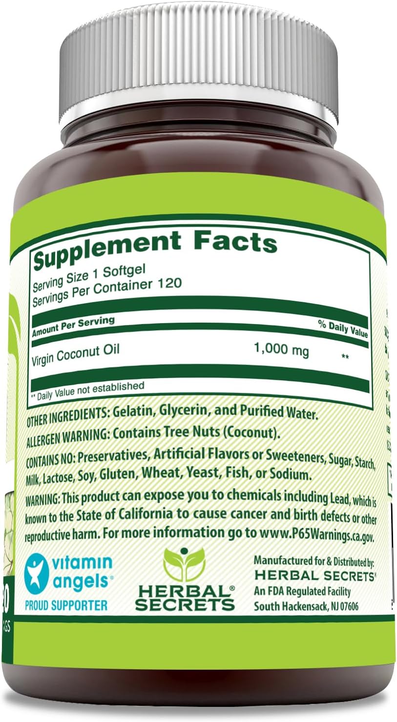 Herbal Secrets Coconut Oil Softgels 1000mg - Non-GMO, Gluten Free Supplement - 120 Count - Made in USA