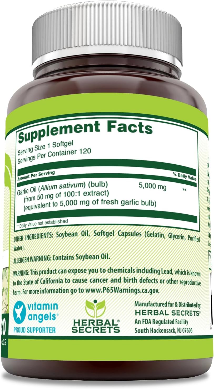 Herbal Secrets Garlic Supplement - 5000mg Per Serving - 120 Softgels - Non-GMO - Gluten Free - USA Made