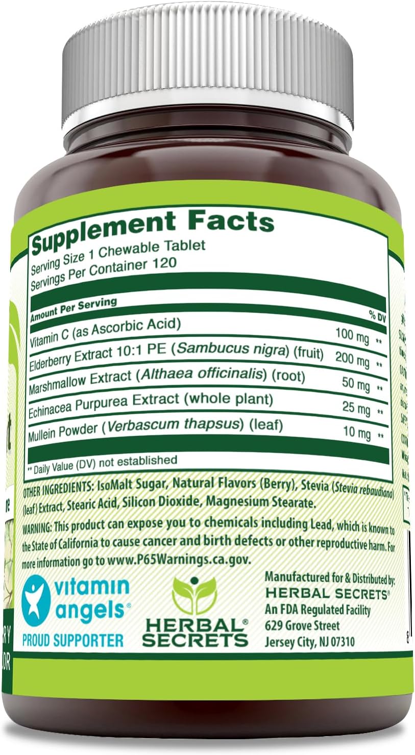 Herbal Secrets Immune Support Chewable Tablets - Berry Flavor with Vitamin C, Elderberry, Echinacea, Marshmallow & Mullein