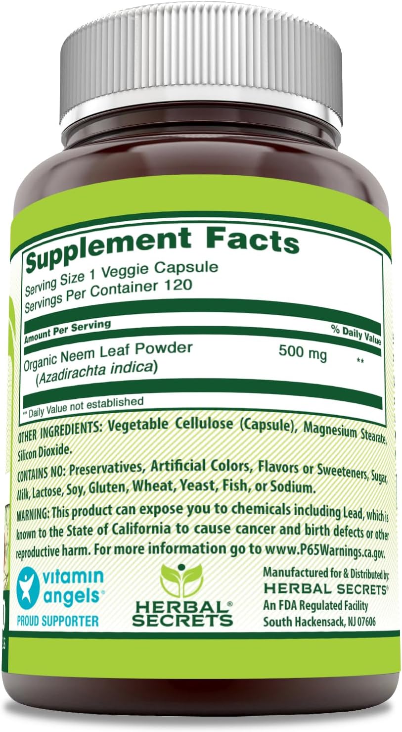 Herbal Secrets Neem Supplement 500mg 120 Veggie Capsules Non-GMO Gluten Free USA Made