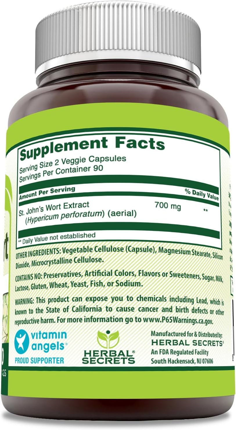 Herbal Secrets St. John's Wort 700mg Supplement - 180 Veggie Capsules - Non-GMO & Gluten Free - USA Made