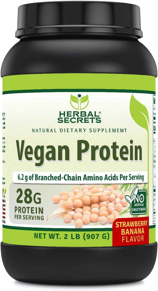 Herbal Secrets Vegan Protein Powder - 28g Protein, 23 Servings, 6.2g BCAAs - Made in USA - Strawberry Banana Flavor - 2lb