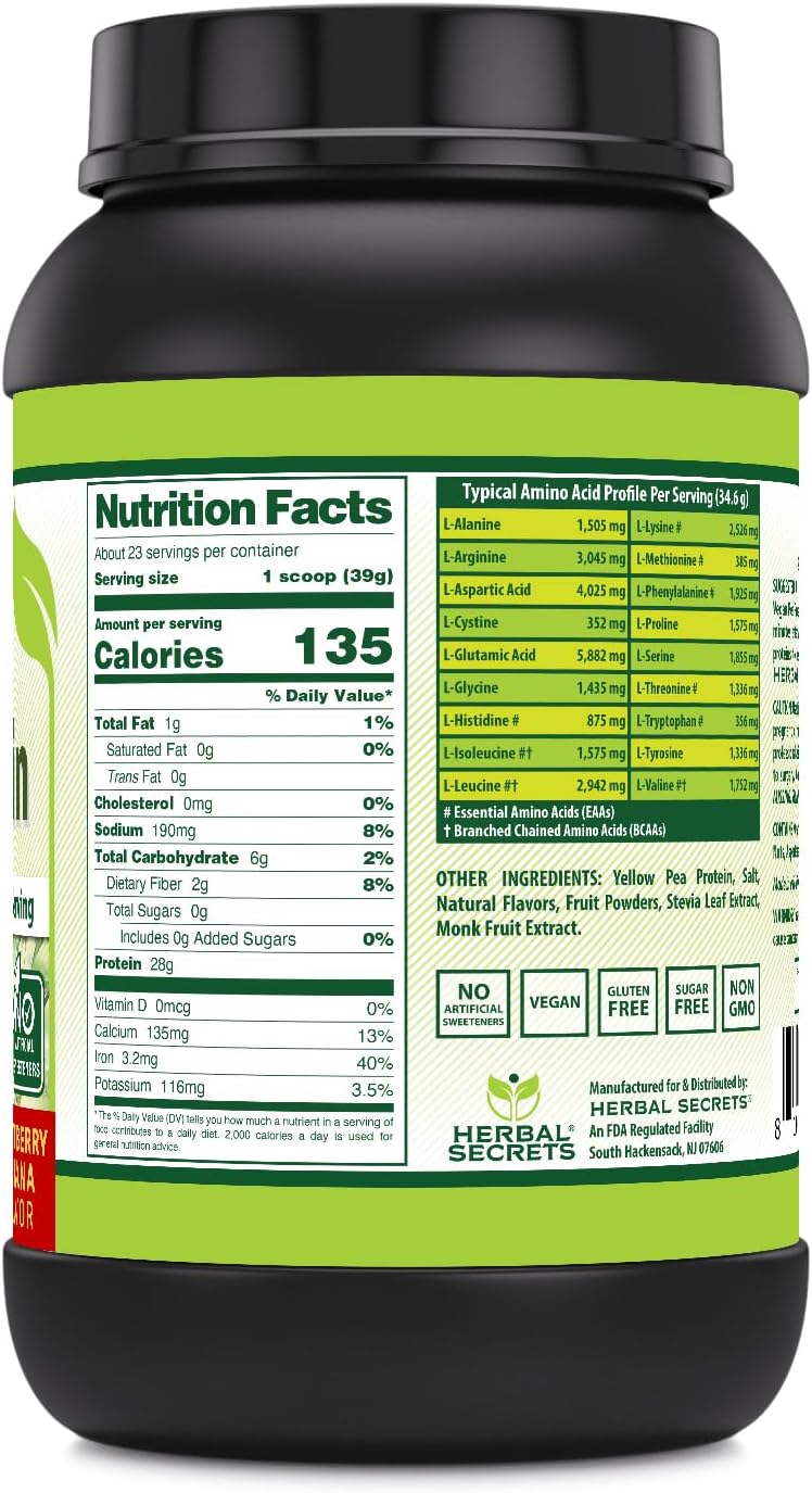 Herbal Secrets Vegan Protein Powder - 28g Protein, 23 Servings, 6.2g BCAAs - Made in USA - Strawberry Banana Flavor - 2lb