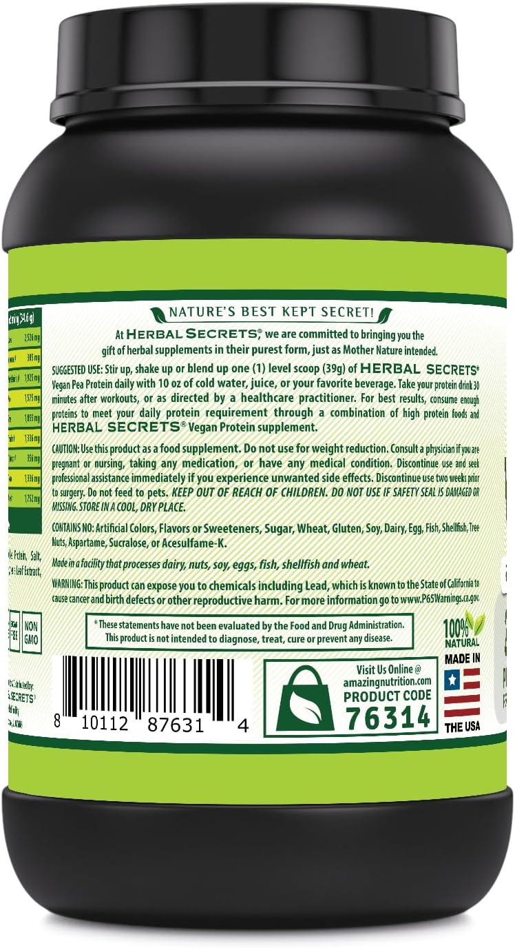 Herbal Secrets Vegan Protein Powder - 28g Protein, 23 Servings, 6.2g BCAAs - Made in USA - Strawberry Banana Flavor - 2lb
