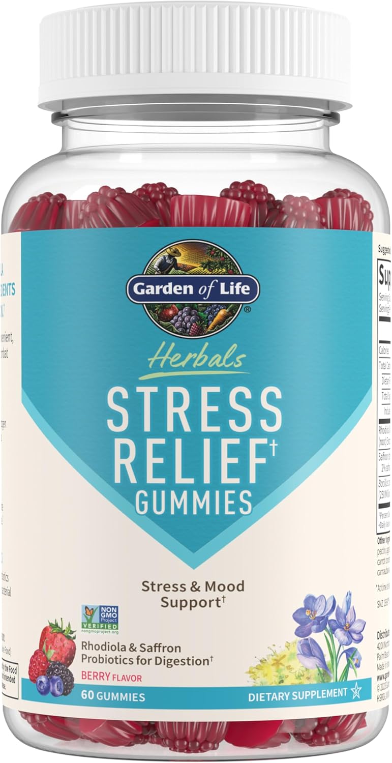 Herbal Stress Relief Gummies with Rhodiola & Saffron for Positive Mood, Prebiotics & Probiotics - Non-GMO, Gluten-Free, Kosher (30 Servings)
