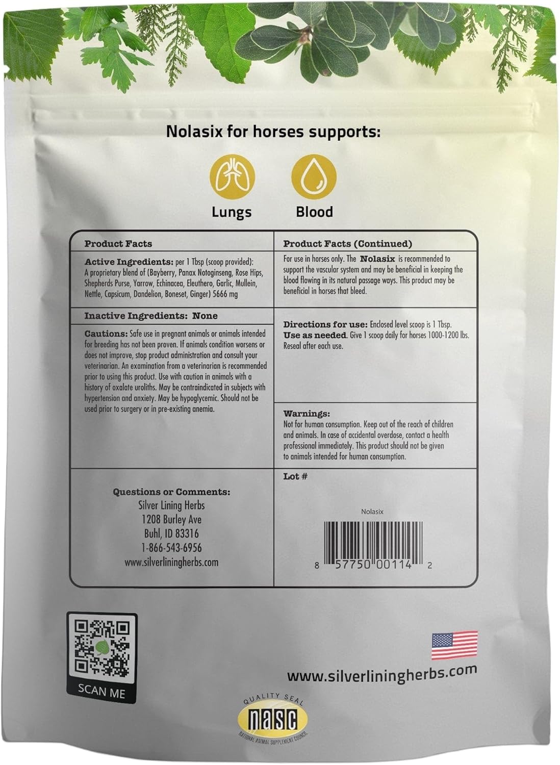 Herbal Supplement for Horses: Silver Lining Herbs Nolasix - Supports Circulatory & Cardiovascular Health - 1 lb