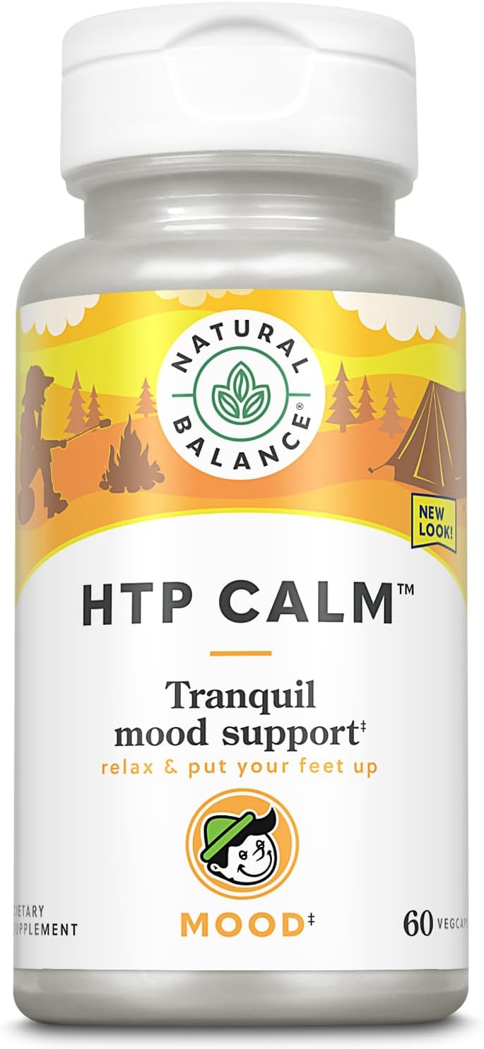 Herbal Supplement for Mood Support & Stress Relief | Natural Balance HTP Calm Capsules with Vitamin B-6, Kava Kava & St. Johns Wort | 60 Count