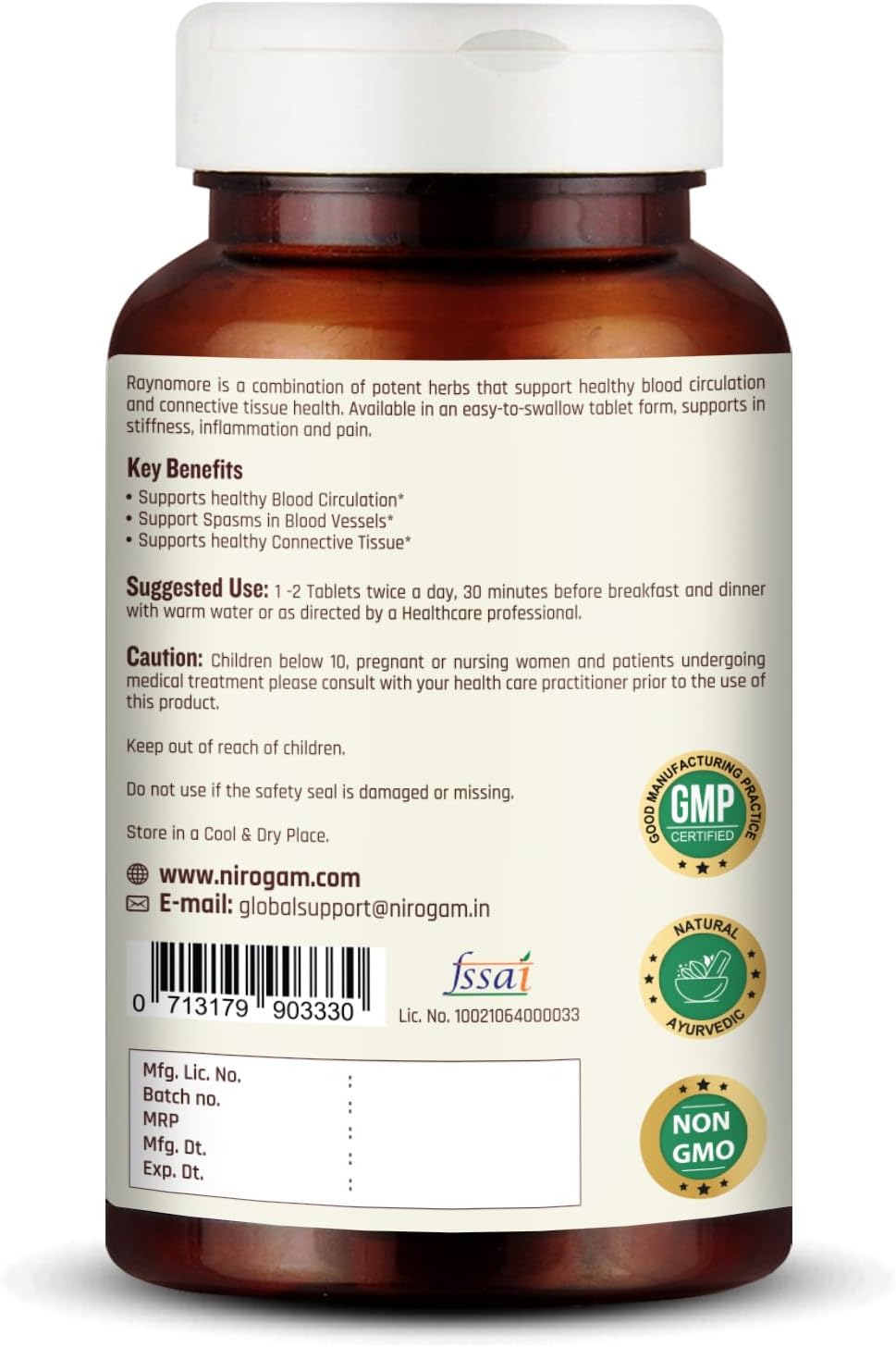 Herbal Tablets for Blood Cleaning and Support for Blue & Yellow Hands in Cold Weather | Nirogam Raynomore Supplement | 120 Tablets