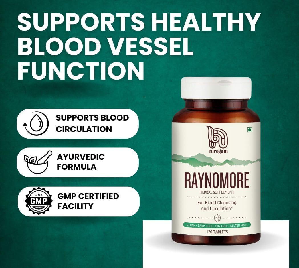 Herbal Tablets for Blood Cleaning and Support for Blue & Yellow Hands in Cold Weather | Nirogam Raynomore Supplement | 120 Tablets