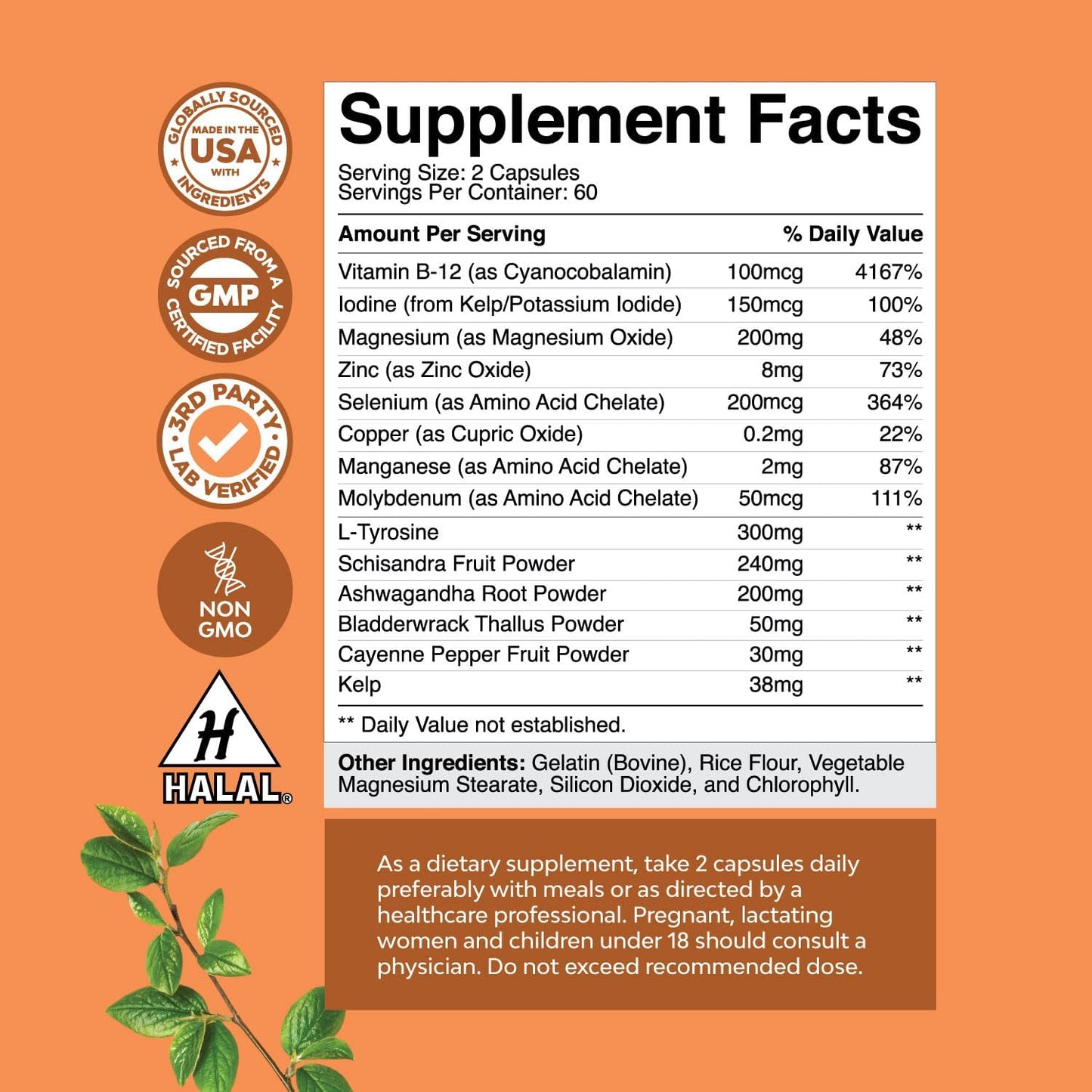 Herbal Thyroid Support Complex - Natural Supplement with Kelp, L-Tyrosine, Bladderwrack, Selenium & Ashwagandha - Hormone Balance and Energy Boost - 120 Capsules