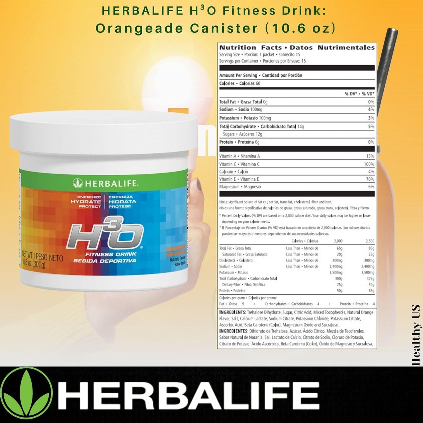 Herbalife H³O Fitness Drink: Orangeade Canister - 10.6 Oz (300g) - Carbohydrate Blend for Energy - Energize, Hydrate, Protect - Naturally Flavored