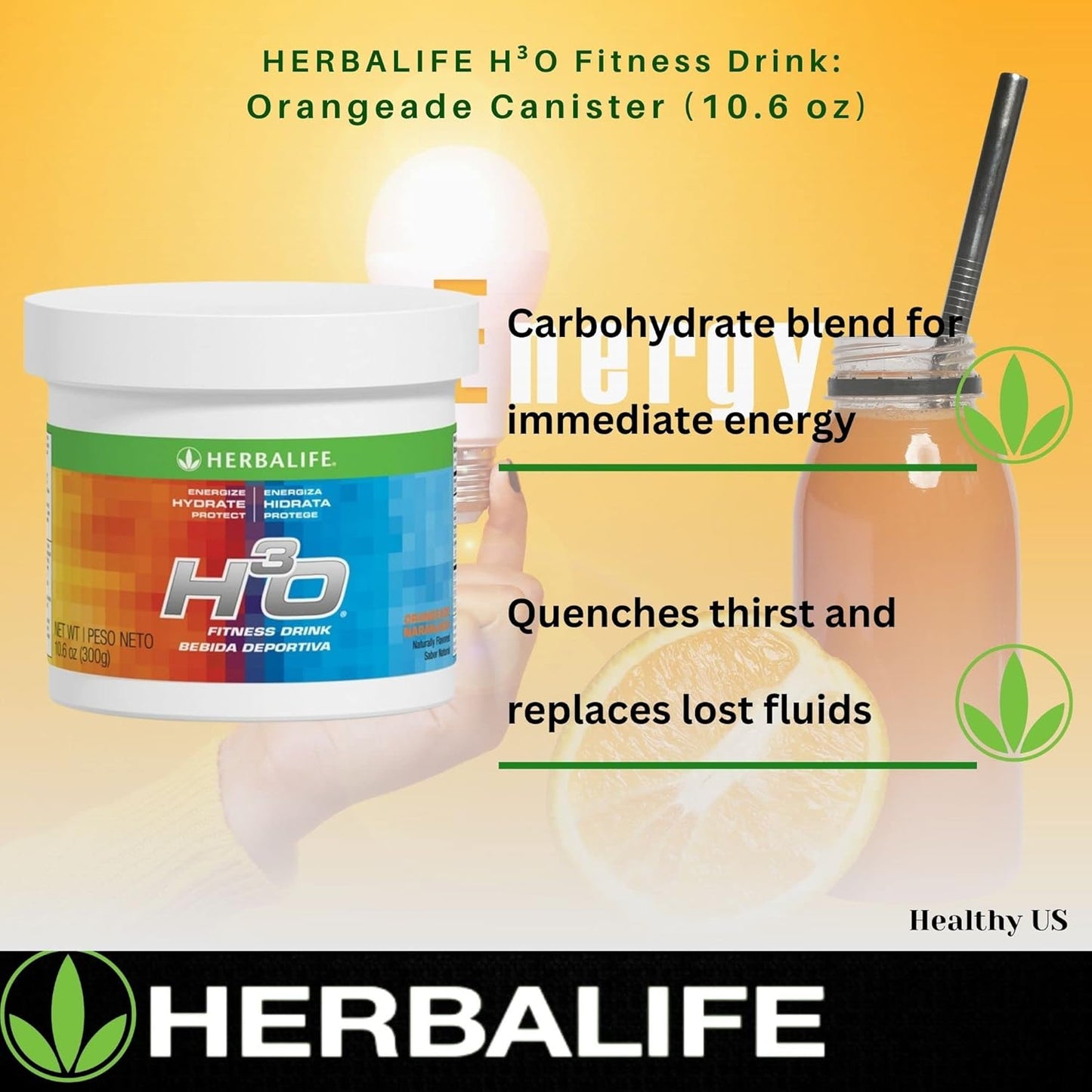 Herbalife H³O Fitness Drink: Orangeade Canister - 10.6 Oz (300g) - Carbohydrate Blend for Energy - Energize, Hydrate, Protect - Naturally Flavored