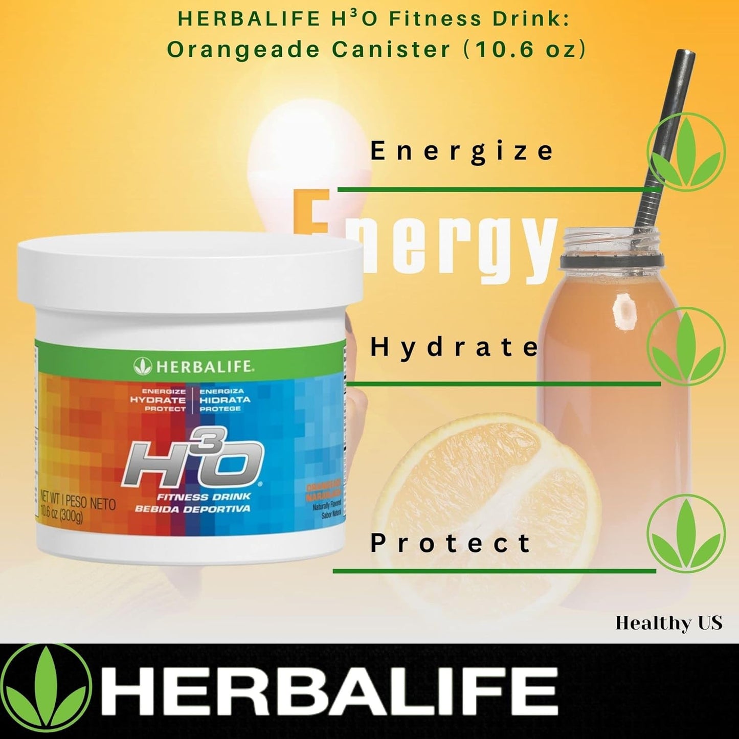 Herbalife H³O Fitness Drink: Orangeade Canister - 10.6 Oz (300g) - Carbohydrate Blend for Energy - Energize, Hydrate, Protect - Naturally Flavored