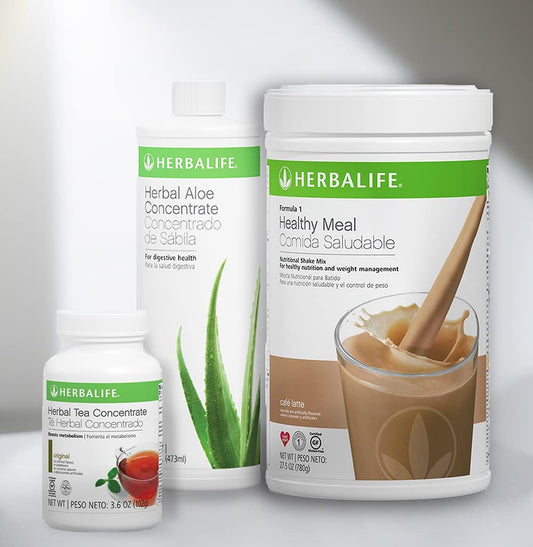 Herbalife Trio Combo: Formula 1 Cafe Latte Shake Mix, Aloe Concentrate, Tea Concentrate - Healthy Nutritional Supplements