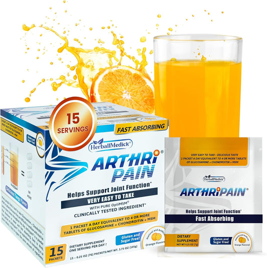HerballMedick Arthripain Joint Support Supplement for Cartilage Repair with Glucosamine Chondroitin MSM - Clinically Tested Joint Juice for Ligament Relief and Swollen Knee Treatment - Sugar-Free - 15ct Made in US