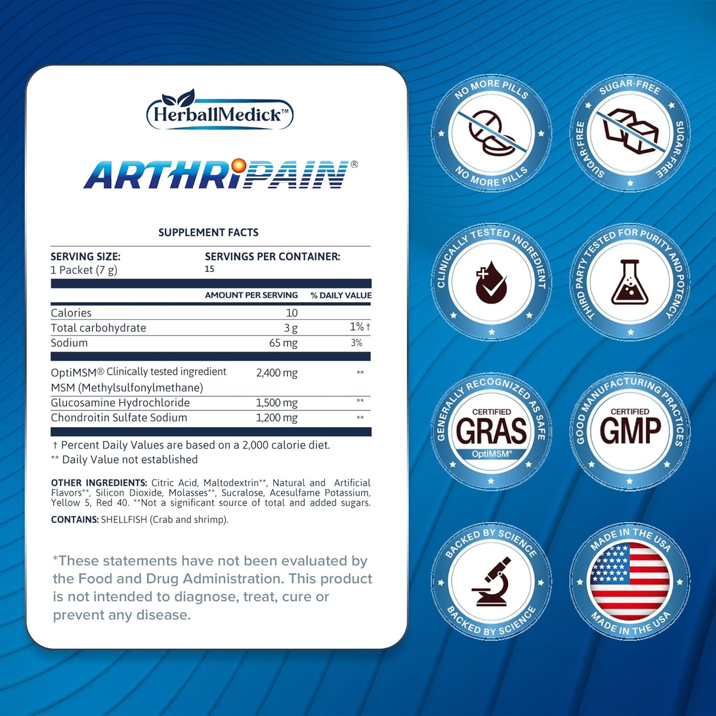 HerballMedick Arthripain Joint Support Supplement for Cartilage Repair with Glucosamine Chondroitin MSM - Clinically Tested Joint Juice for Ligament Relief and Swollen Knee Treatment - Sugar-Free - 15ct Made in US