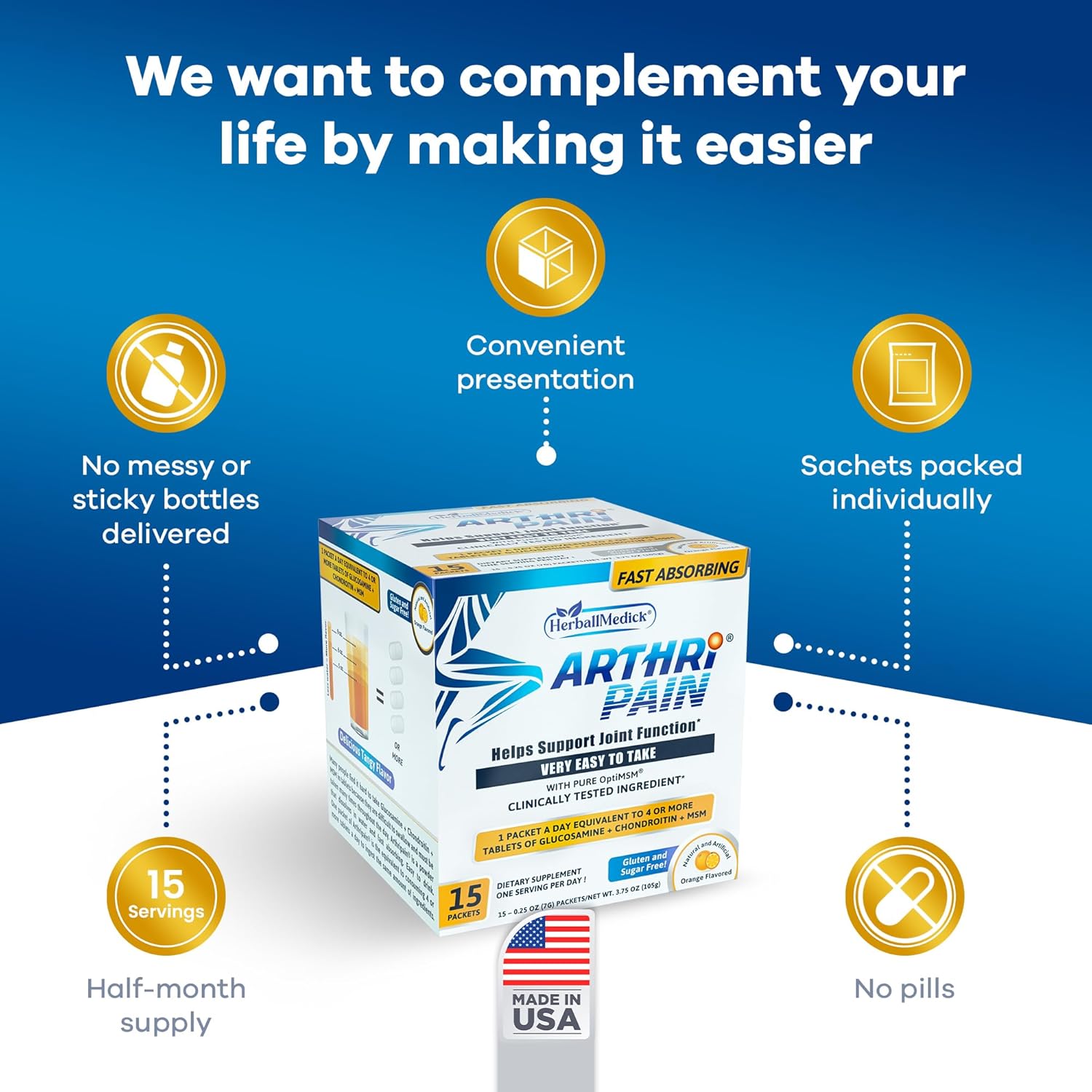 HerballMedick Arthripain Joint Support Supplement for Cartilage Repair with Glucosamine Chondroitin MSM - Clinically Tested Joint Juice for Ligament Relief and Swollen Knee Treatment - Sugar-Free - 15ct Made in US