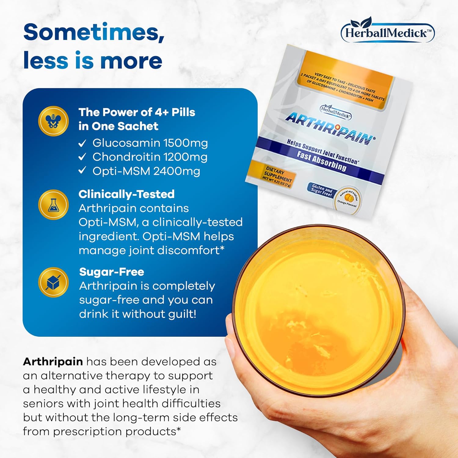 HerballMedick Arthripain Joint Support Supplement for Cartilage Repair with Glucosamine Chondroitin MSM - Clinically Tested Joint Juice for Ligament Relief and Swollen Knee Treatment - Sugar-Free - 15ct Made in US