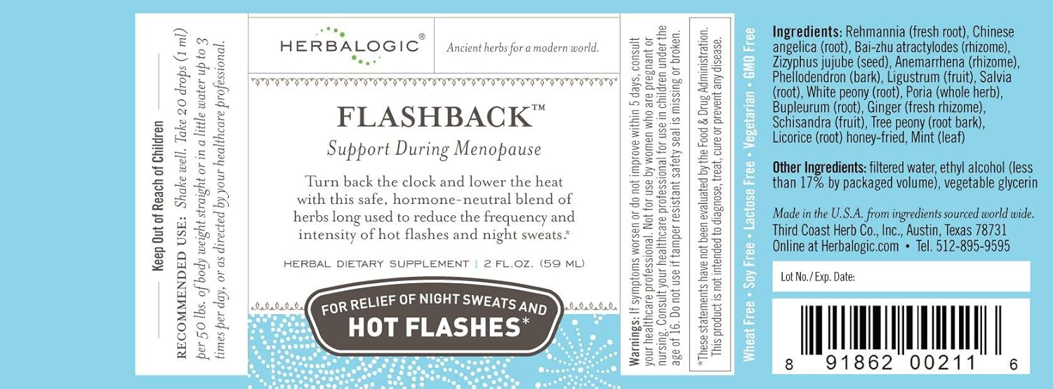 Herbalogic Flashback Liquid Herb Drops - Menopausal Relief for Hot Flashes, Night Sweats, Sleeplessness, Irritability - 2 Fl. Oz.