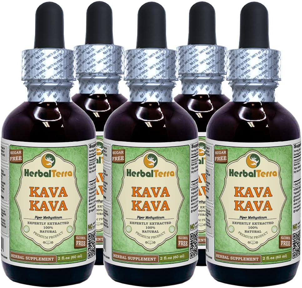 HerbalTerra Kava Kava Glycerite Alcohol-Free Liquid Extract 5x2 fl.oz - Made in USA