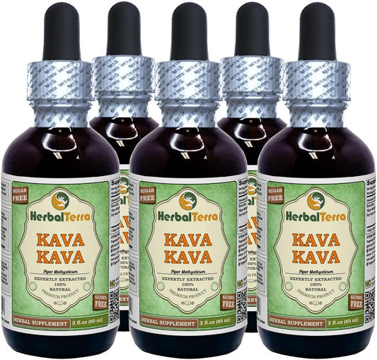 HerbalTerra Kava Kava Glycerite Alcohol-Free Liquid Extract 5x2 fl.oz - Made in USA