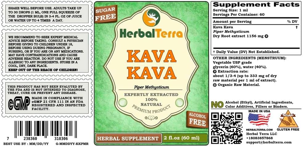 HerbalTerra Kava Kava Glycerite Alcohol-Free Liquid Extract 5x2 fl.oz - Made in USA