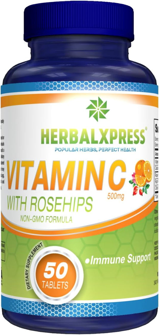 HerbalXpress Vitamin C 500mg Tablets with Rose HIPS & Bioflavonoids - Immune System Booster